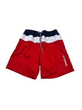 Speedo Mens Medium Swim Trunks Red/White/Blue Colorblock Mesh Liner (W855)